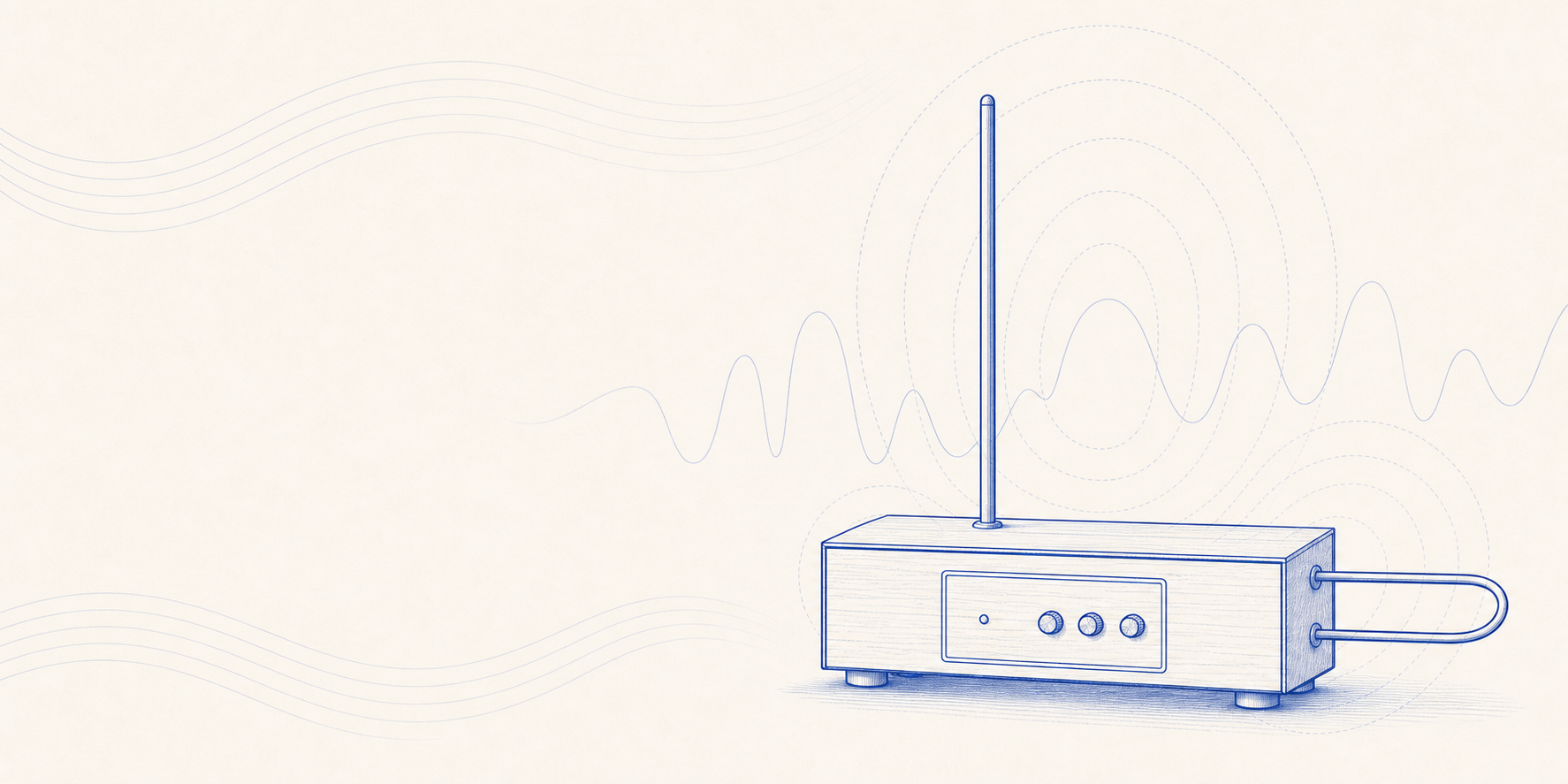 Line drawing of a theremin with antenna, control box and volume loop